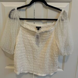 NWT. Smocked top with sheer puff sleeves. Cream colored. Torrid 2